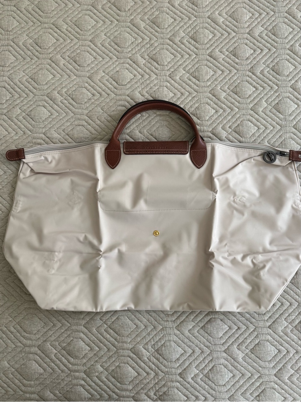 Longchamp Le Pliage Large Top Handle Cream Tote with Brown Leather Trim - Picture 3 of 9
